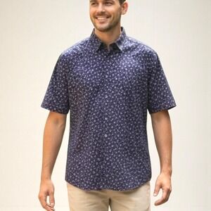 Denim & Flower Men's short sleeve button down shirt slim fit cactus patter Large